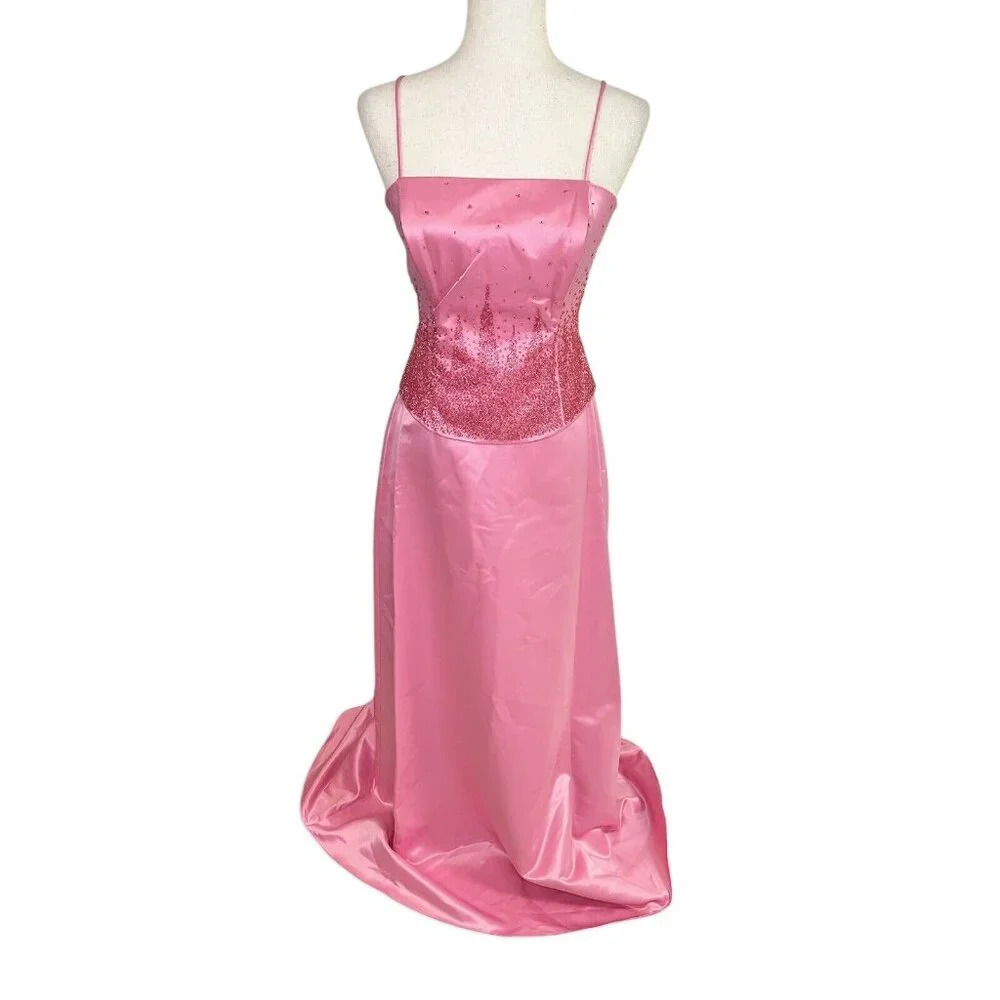 Fanny USA Vintage Y2K Formal Prom Dress Gown Pink Beaded Corset 2 Piece Small